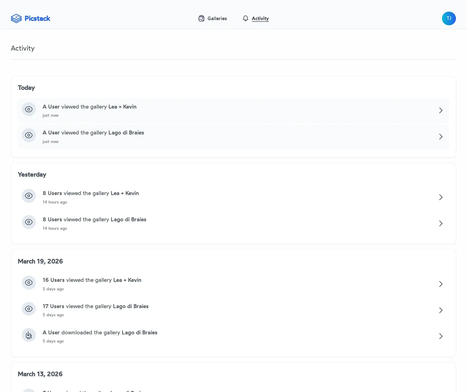 Picstack real-time client activity feed showing photo views and downloads