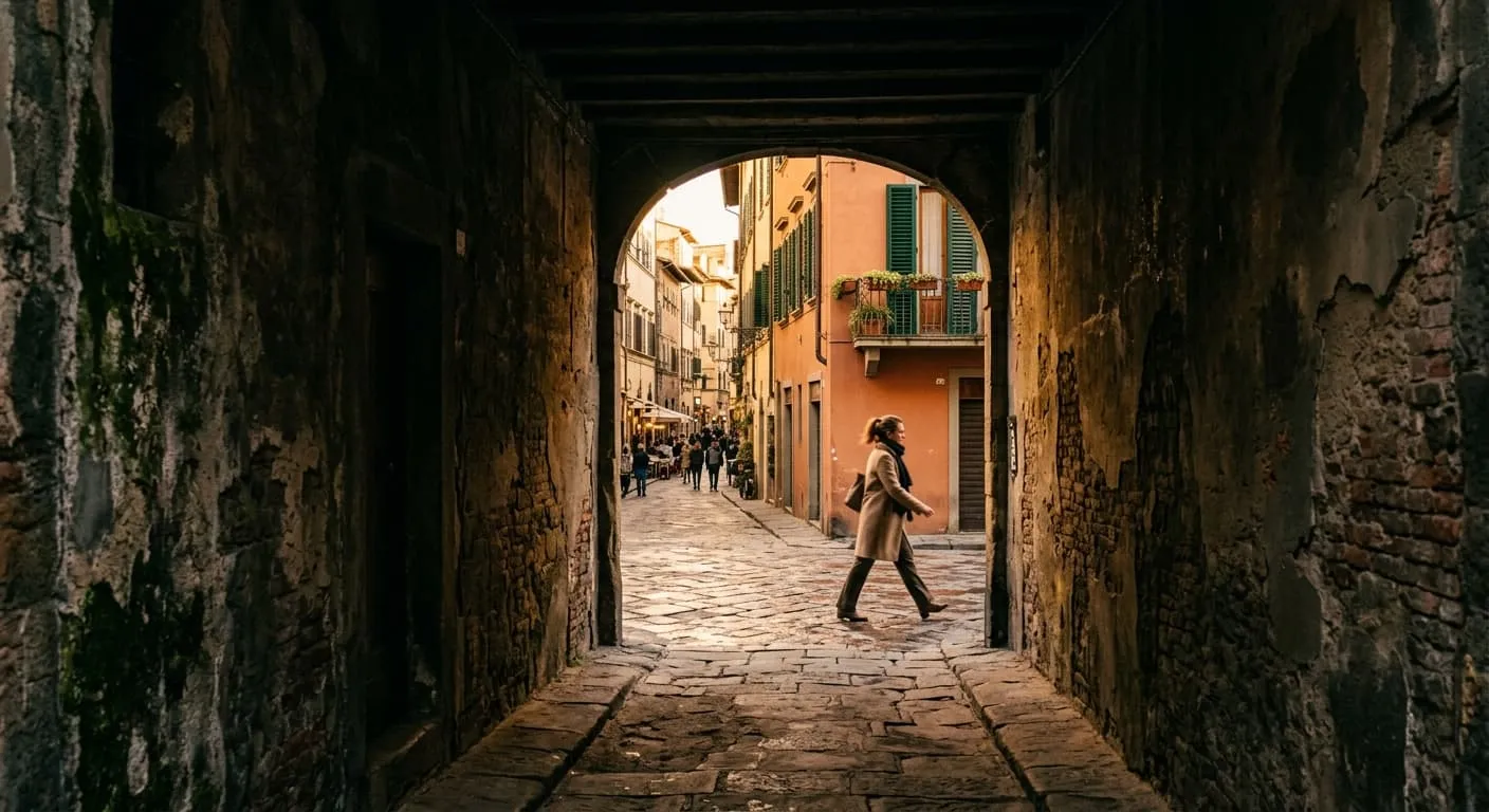 Sunlit cobblestone street with a pedestrian seen through the dark opening of a long stone tunnel
