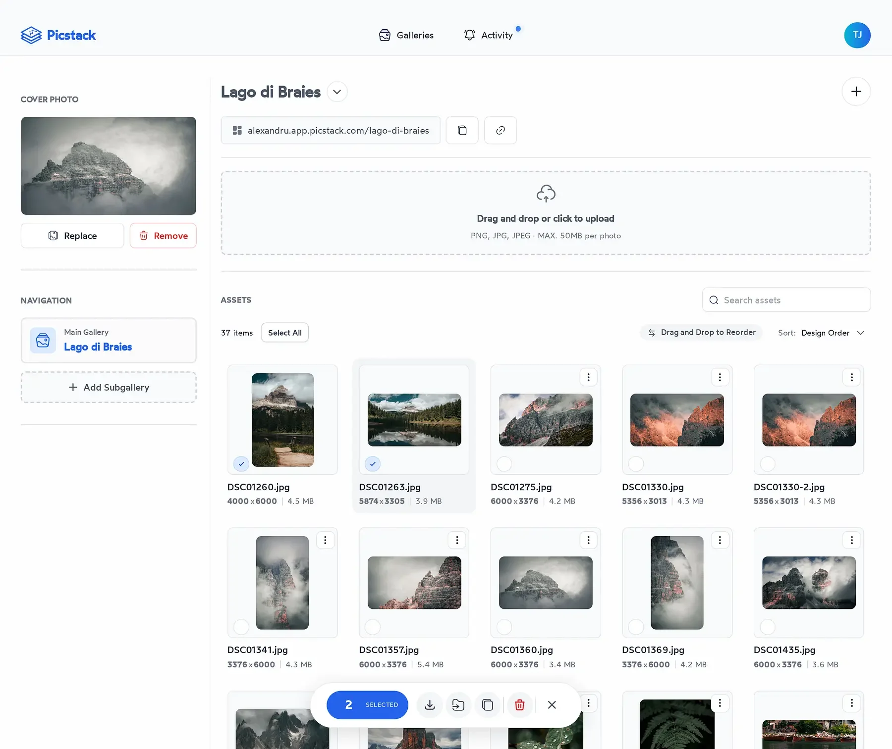 Picstack photographer dashboard with gallery management and analytics overview