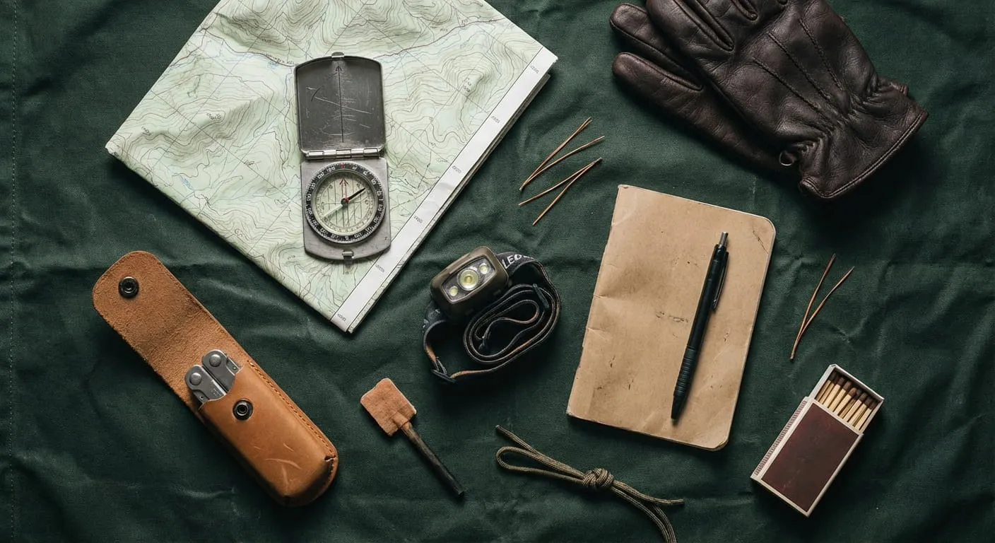 Overhead flat lay of camping and outdoor gear arranged on a dark canvas: compass, map, knife, gloves, notebook and headlamp showing deliberate composition