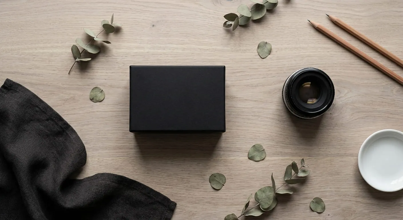 Flat lay photography example with a matte black product box as the hero subject, surrounded by a camera lens, linen cloth, and dried botanicals on warm wood