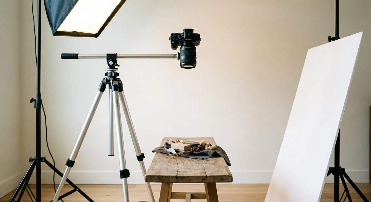Behind-the-scenes flat lay photography setup with a mirrorless camera on an overhead tripod arm, a softbox to the left, and a white reflector panel to the right of the scene