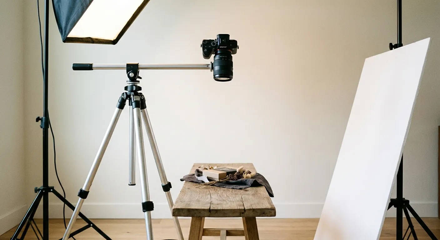 Behind-the-scenes flat lay photography setup with a mirrorless camera on an overhead tripod arm, a softbox to the left, and a white reflector panel to the right of the scene