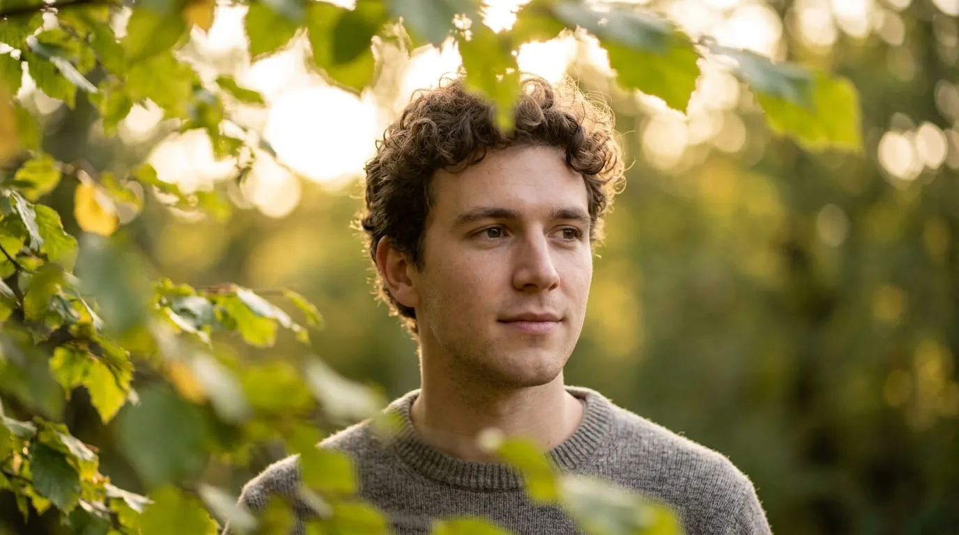 Portrait of a young man surrounded by heavily blurred green and gold backlit leaves held close to the lens