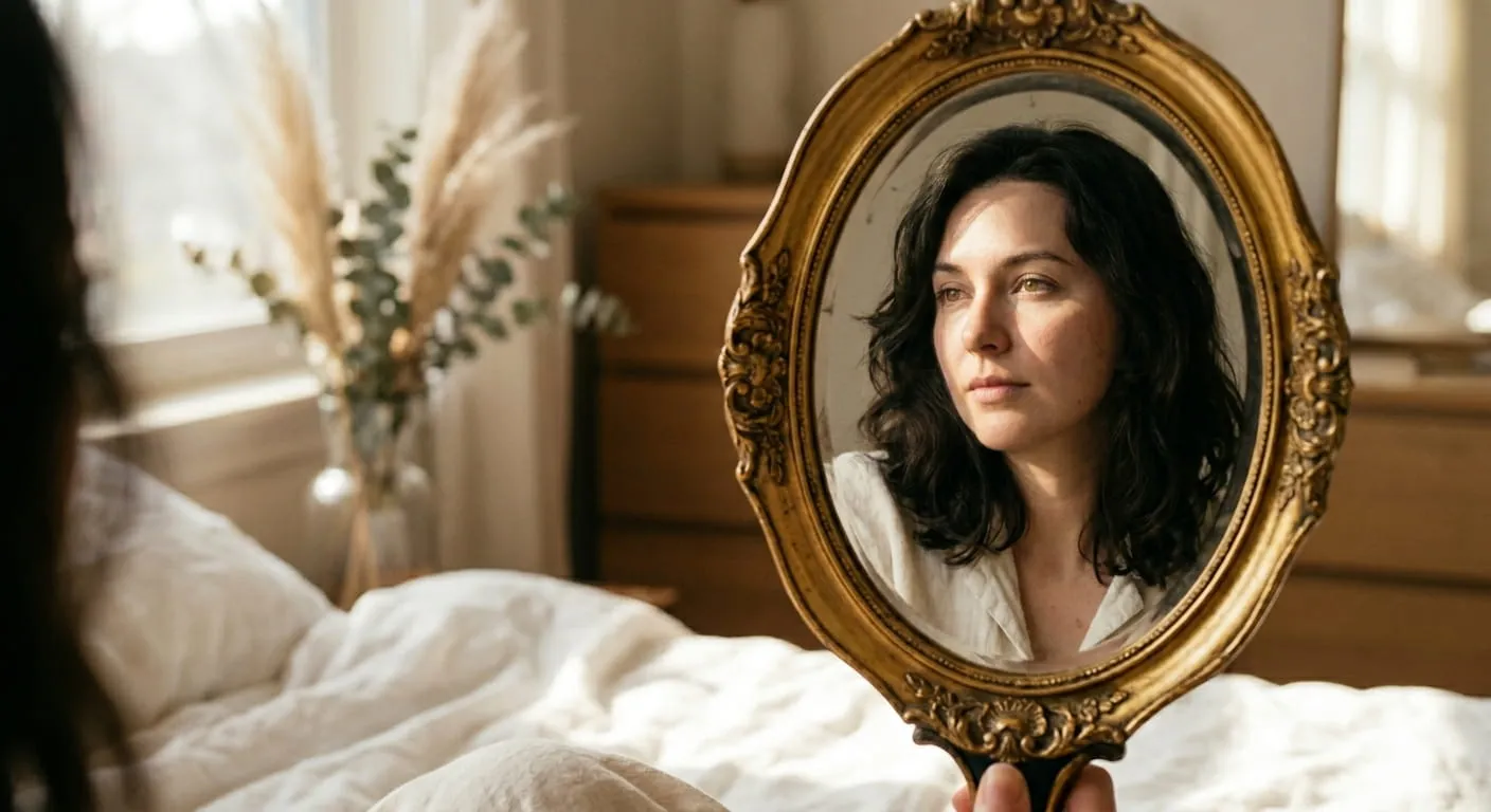 Reflected portrait of a woman inside an ornate antique hand mirror held up in a softly lit bedroom