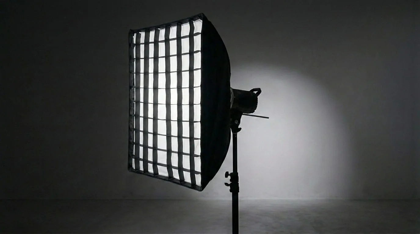 A rectangular softbox fitted with a black honeycomb grid on its front face, mounted on a studio strobe against a dark grey studio background