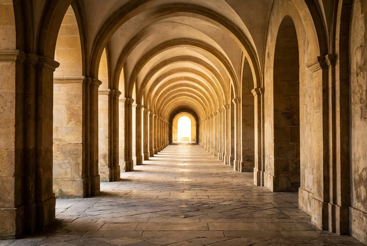 A long stone corridor with repeating arches on both sides converging to a single bright vanishing point at the far end