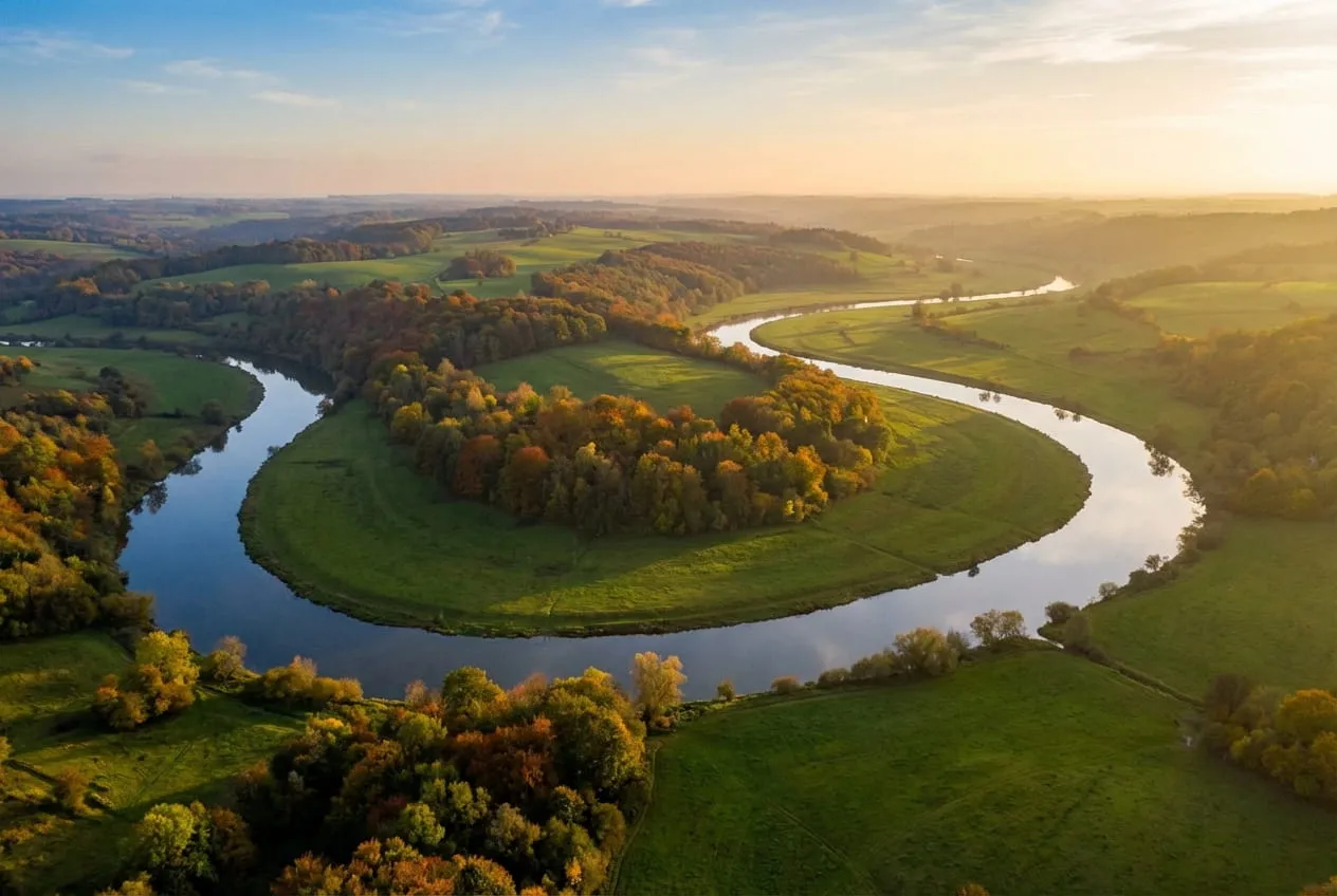 Aerial view of a river forming an S-curve through a green valley, its surface catching warm golden light