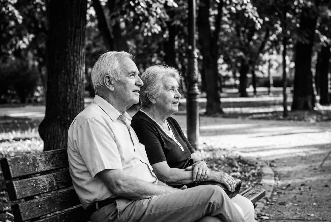 Three people on a park bench all looking in the same direction, their combined gaze forming a strong implied leading line