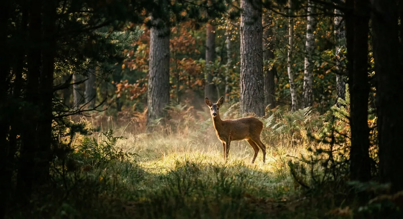 Young roe deer standing in a sunlit forest clearing, framed by the dark shadowed tree line