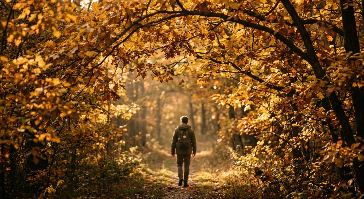 Lone hiker walking away on an autumn forest trail framed by an arched canopy of golden maple branches