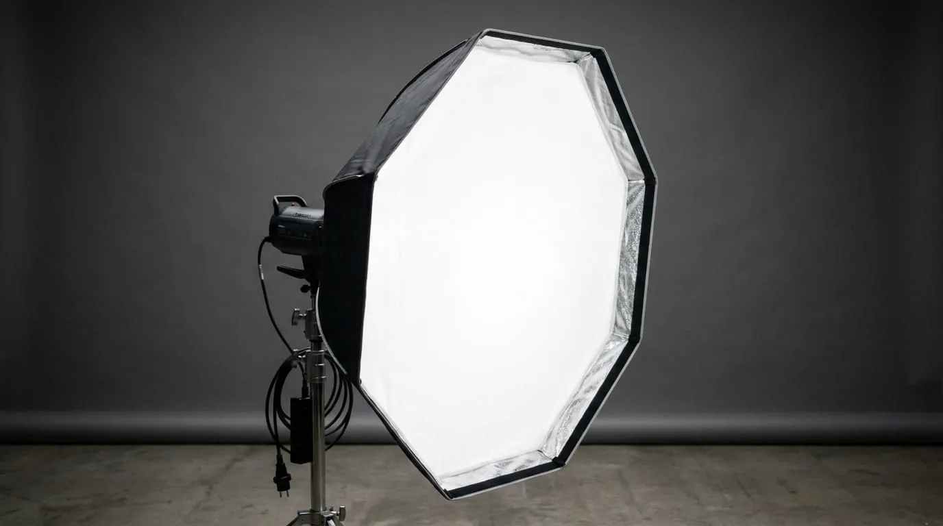 A large octagonal softbox (octabox) mounted on a studio strobe, shown front-on against a dark grey studio background