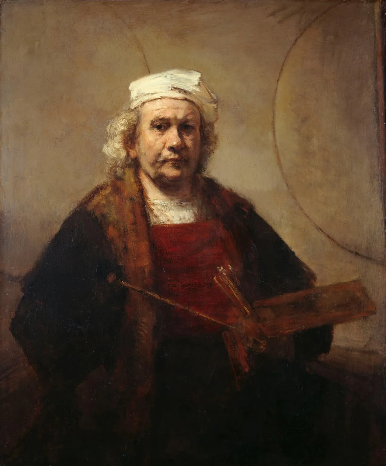 Rembrandt van Rijn, Self-Portrait with Two Circles (c. 1665-1669). The triangle of light on the shadow-side cheek is the signature of the lighting pattern that bears his name.