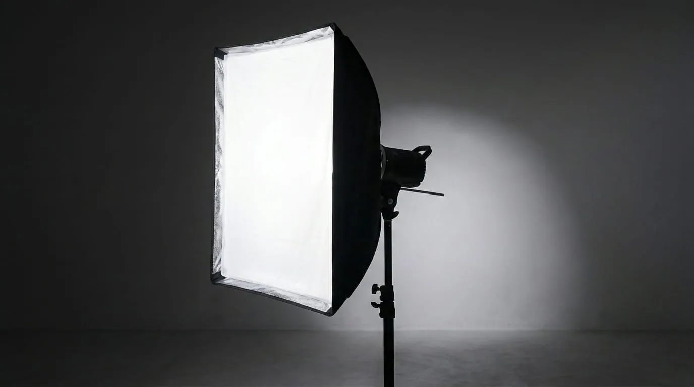 A square softbox mounted on a studio strobe, its white diffusion surface glowing softly against a dark grey studio background