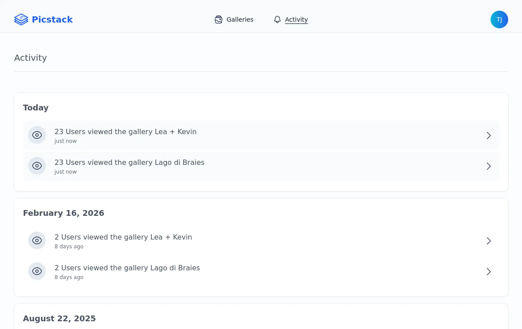 Picstack real-time client activity feed showing photo views and downloads