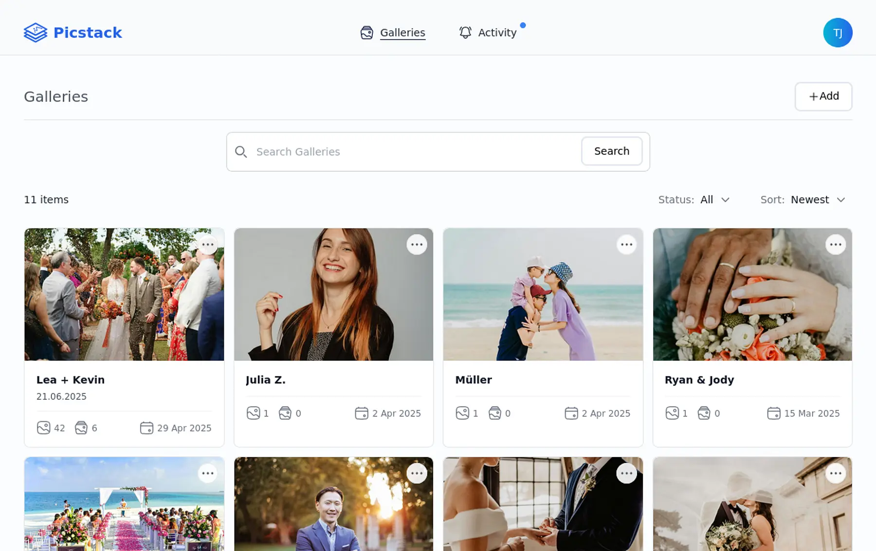 Picstack photographer dashboard with gallery management and analytics overview